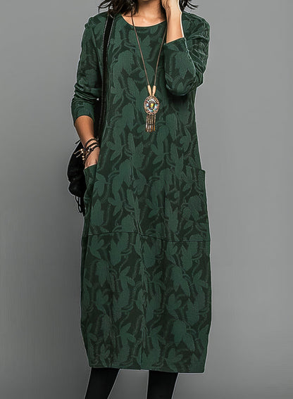 Women's Midi Dress made of Jacquard with Woven Leaf Pattern, Round Neckline, Long Sleeves with Side Pockets