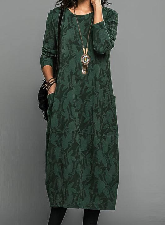Women's Midi Dress made of Jacquard with Woven Leaf Pattern, Round Neckline, Long Sleeves with Side Pockets