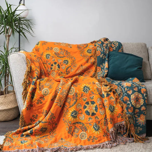 Boho Wohndecke aus Baumwolle Wendbar mit Mandala Muster und Fransen Sofaüberwurf Mehrlagig