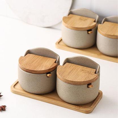 2-Piece Ceramic Spice Jar Set with Bamboo Lid and Spoon on Wooden Tray for Salt and Sugar