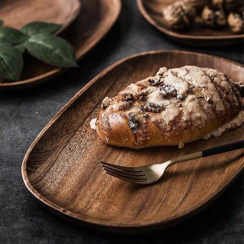 Acacia wood serving trays 5-piece set oval with natural grain, stackable in various sizes