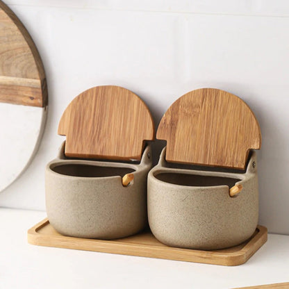2-Piece Ceramic Spice Jar Set with Bamboo Lid and Spoon on Wooden Tray for Salt and Sugar