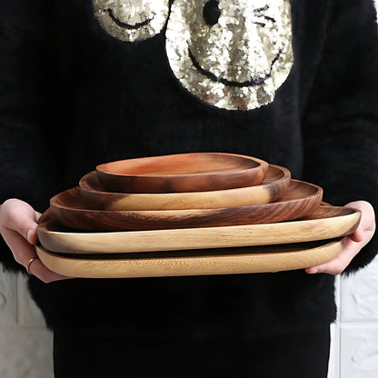 Acacia wood serving trays 5-piece set oval with natural grain, stackable in various sizes