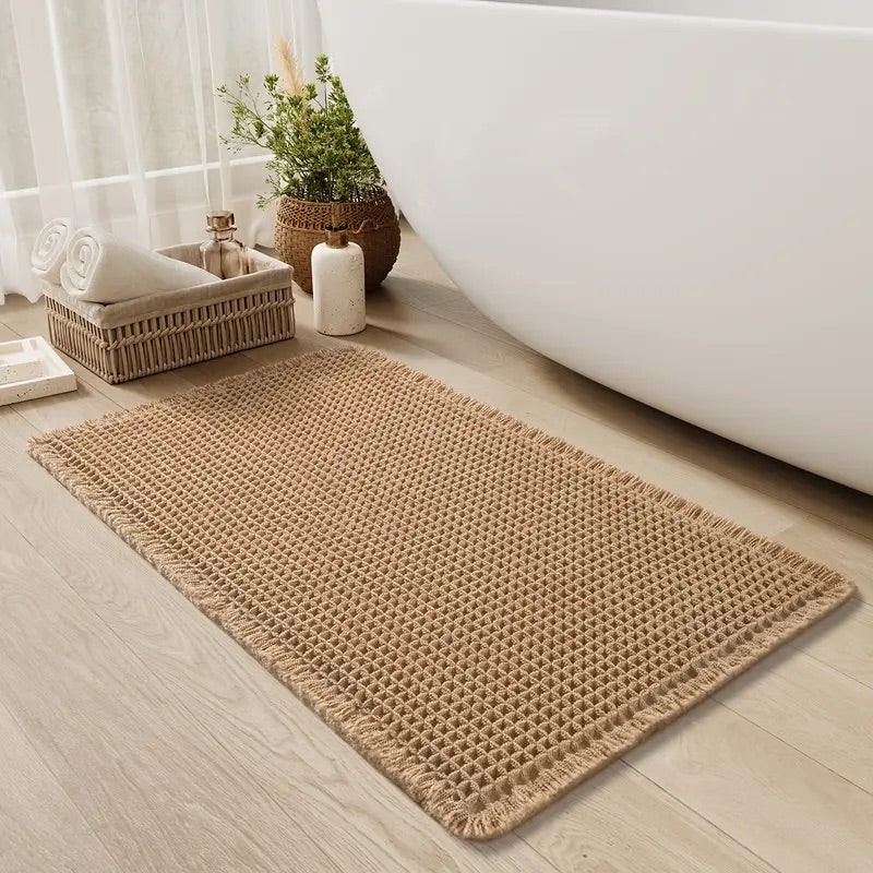 Bath mat with waffle texture and fringes, non-slip and quick-drying made of soft microfiber chenille