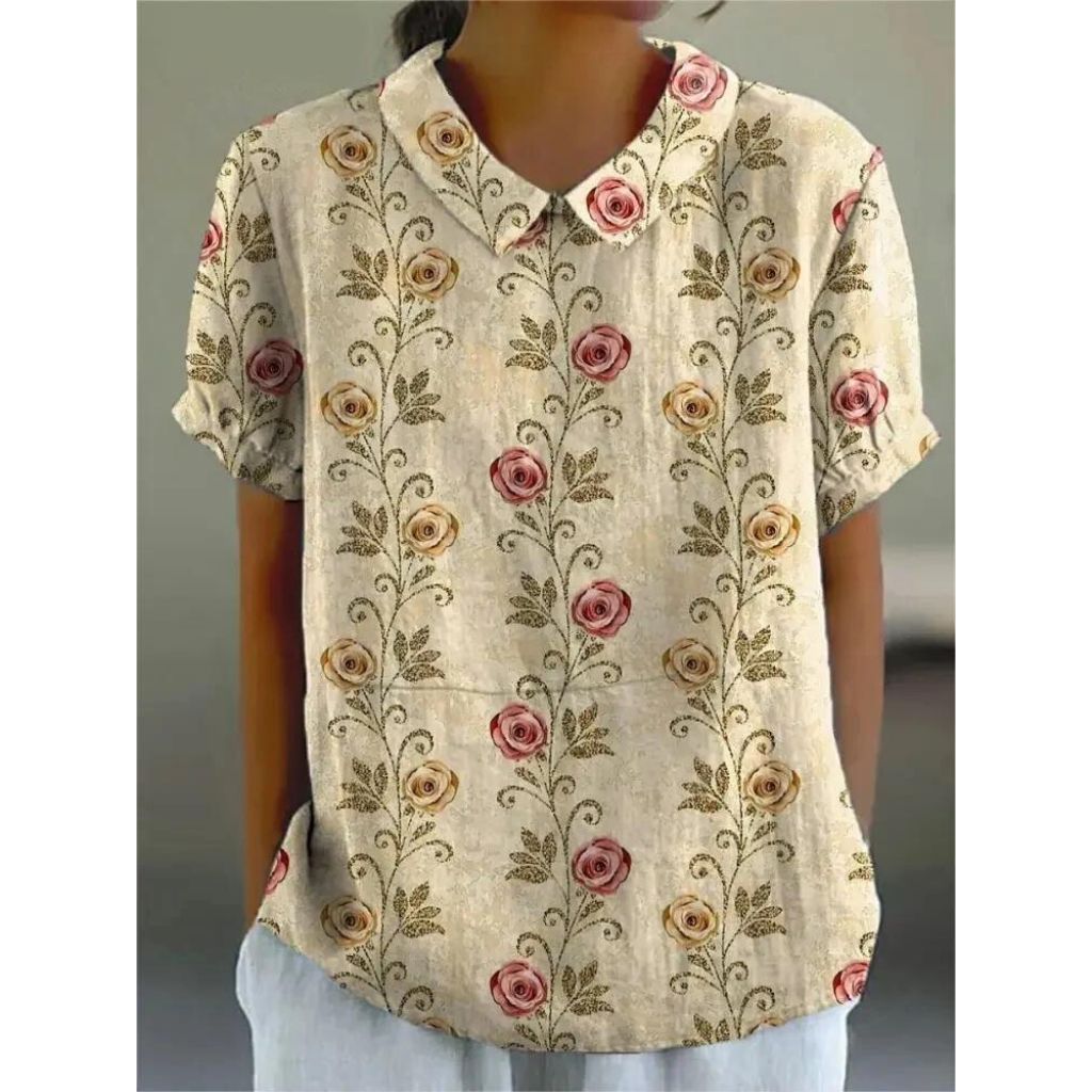 Women's Short Sleeve Blouse with Vintage Rose Print, Peter Pan Collar, and Puff Sleeves in Loose Fit
