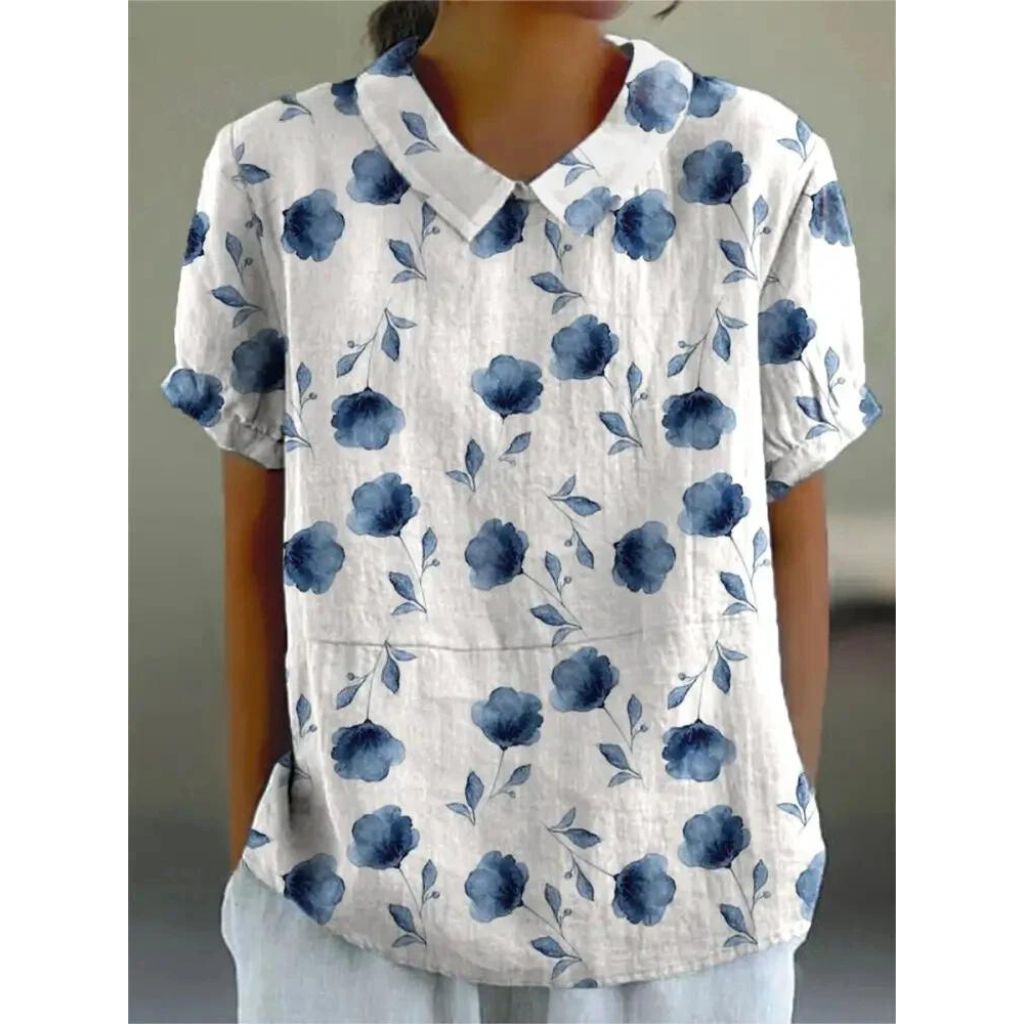 Women's Short Sleeve Blouse with Vintage Rose Print, Peter Pan Collar, and Puff Sleeves in Loose Fit