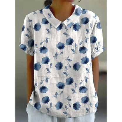 Women's Short Sleeve Blouse with Vintage Rose Print, Peter Pan Collar, and Puff Sleeves in Loose Fit