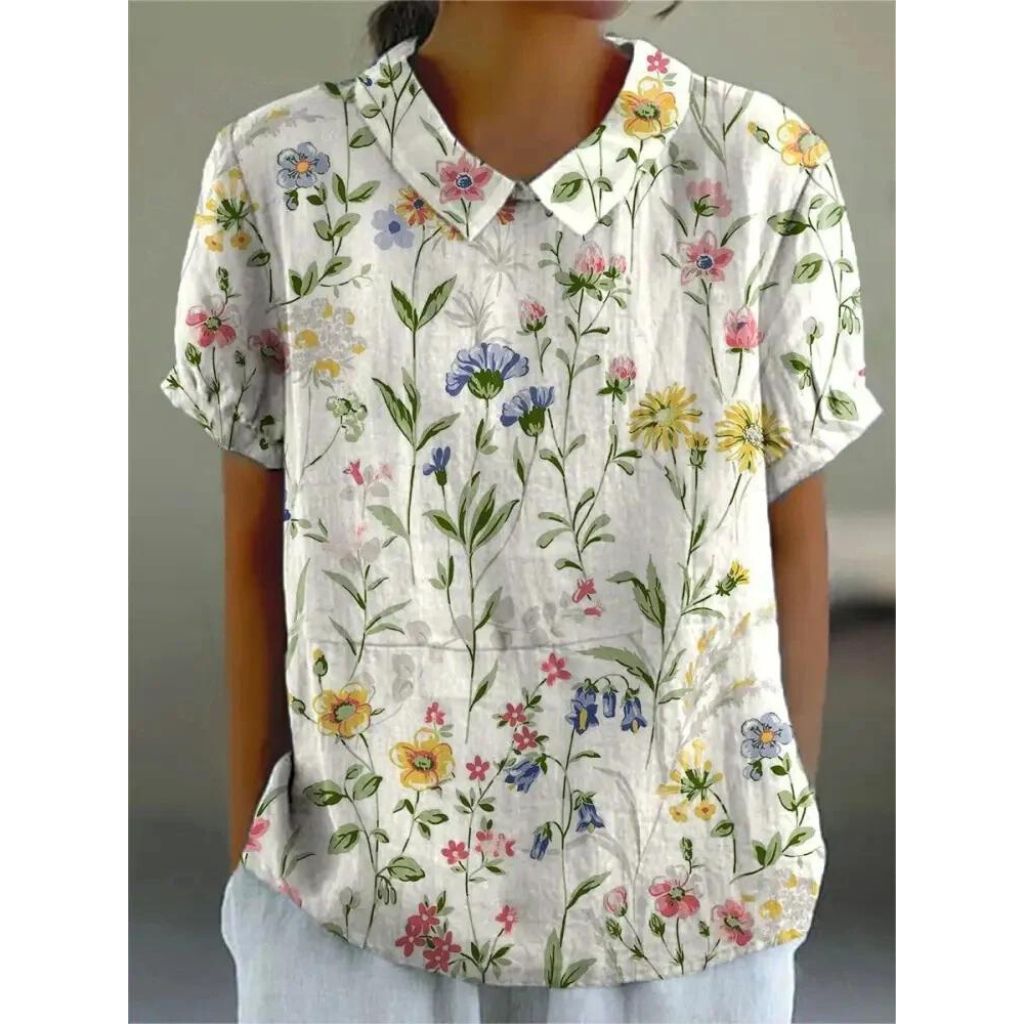 Women's Short Sleeve Blouse with Vintage Rose Print, Peter Pan Collar, and Puff Sleeves in Loose Fit