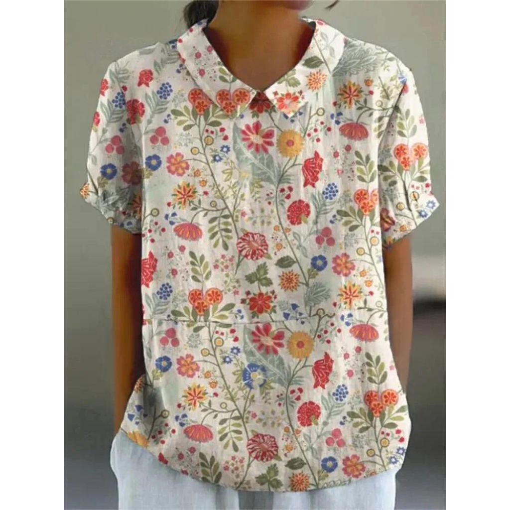 Women's Short Sleeve Blouse with Vintage Rose Print, Peter Pan Collar, and Puff Sleeves in Loose Fit