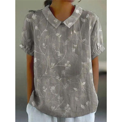 Women's Short Sleeve Blouse with Vintage Rose Print, Peter Pan Collar, and Puff Sleeves in Loose Fit