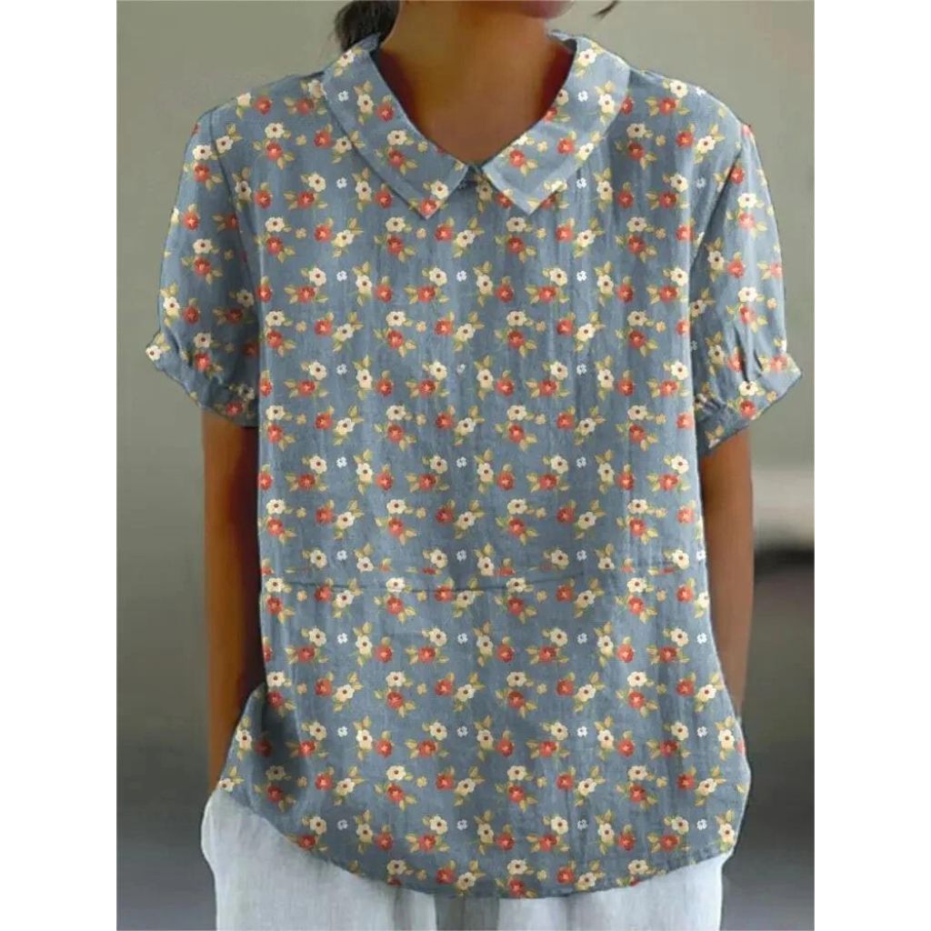 Women's Short Sleeve Blouse with Vintage Rose Print, Peter Pan Collar, and Puff Sleeves in Loose Fit