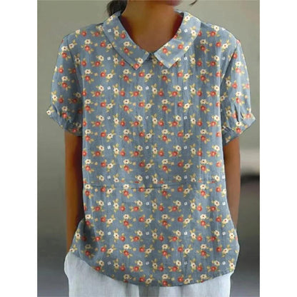 Women's Short Sleeve Blouse with Vintage Rose Print, Peter Pan Collar, and Puff Sleeves in Loose Fit