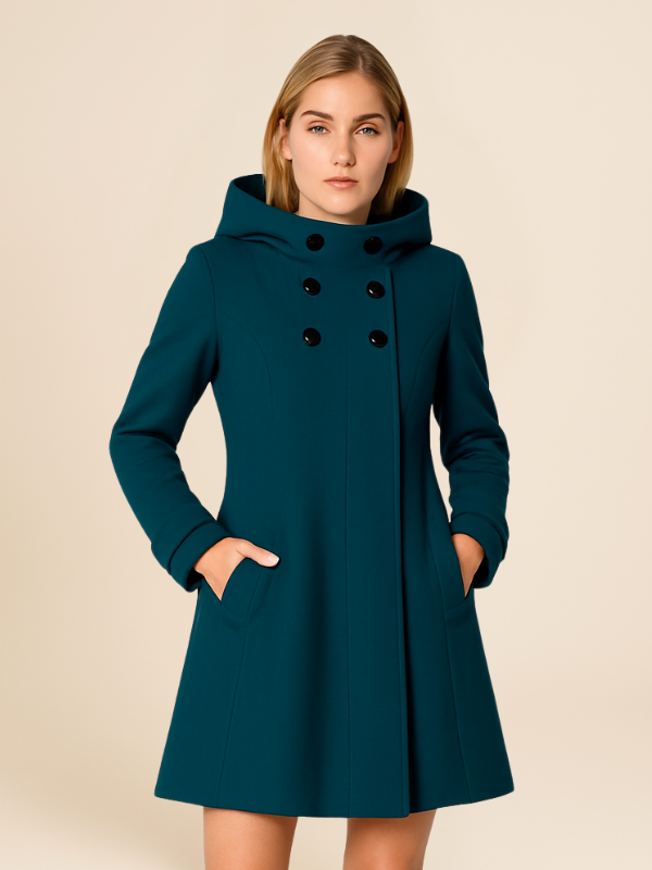 A-line women's coat with hood and button closure