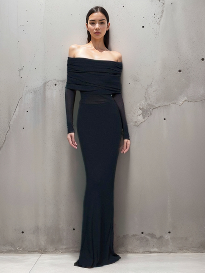 Floor-length women's evening dress with off-the-shoulder neckline, long sleeves, and gathered bust