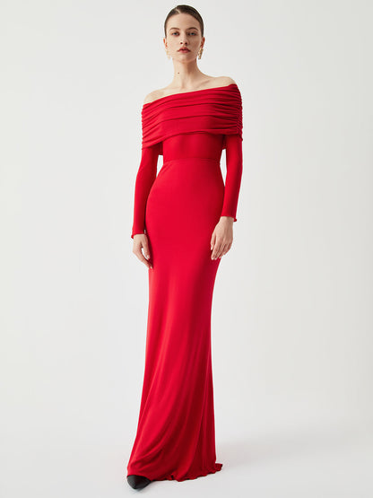 Floor-length women's evening dress with off-the-shoulder neckline, long sleeves, and gathered bust