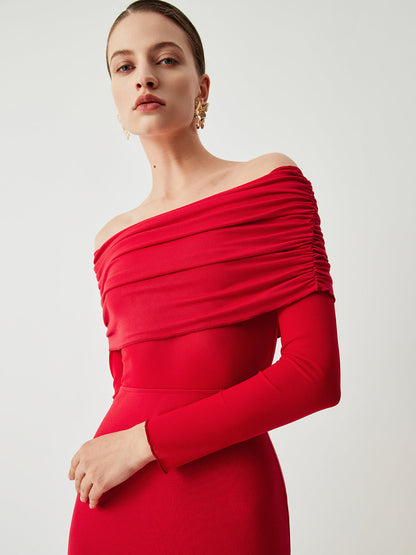 Floor-length women's evening dress with off-the-shoulder neckline, long sleeves, and gathered bust