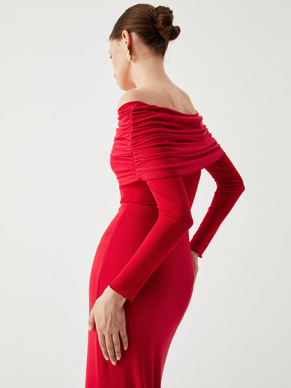 Floor-length women's evening dress with off-the-shoulder neckline, long sleeves, and gathered bust