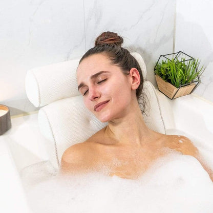 Ergonomic L-shaped bathtub pillow with suction cups made of 3D mesh for neck and back, breathable