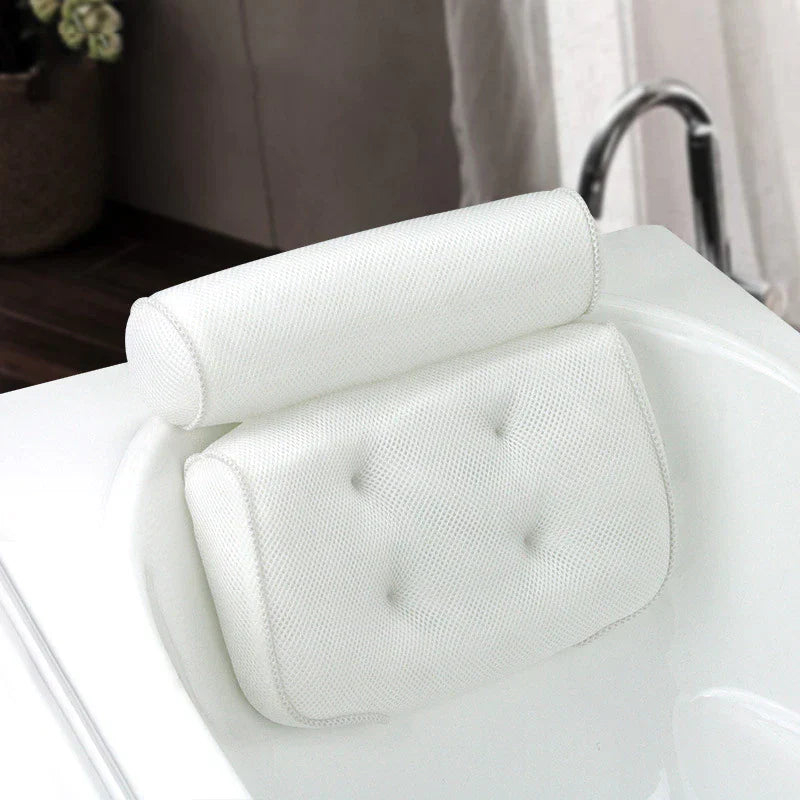Ergonomic L-shaped bathtub pillow with suction cups made of 3D mesh for neck and back, breathable