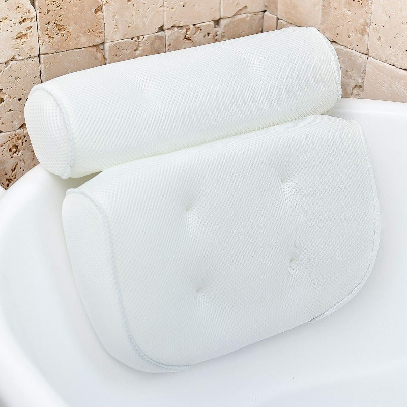 Ergonomic L-shaped bathtub pillow with suction cups made of 3D mesh for neck and back, breathable