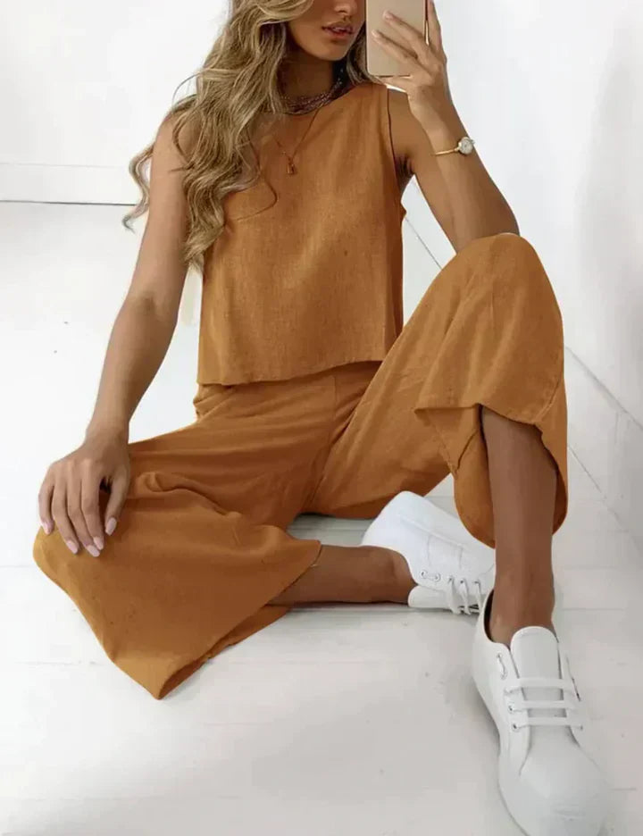 Women's Linen Two-Piece Set – Sleeveless Top & Wide Pants