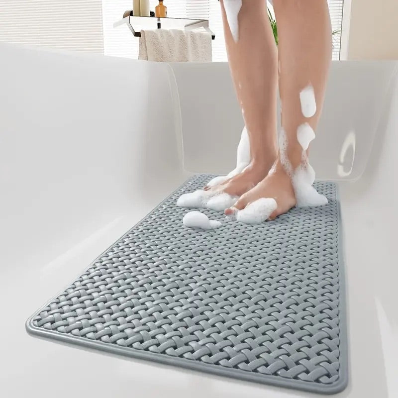 Non-slip mat for shower and bathtub made of silicone with basket weave design, suction cup underside