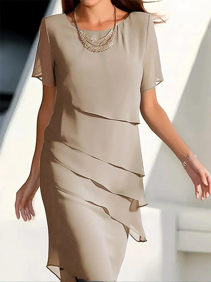 Women's Party Dress Multi-Layered Chiffon with Asymmetric Layers, Round Neckline, Short Sleeves, Knee-Length