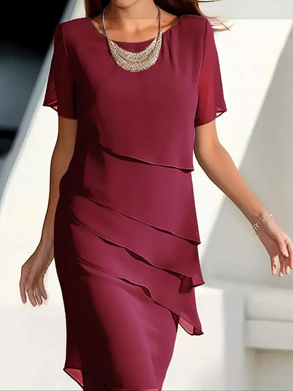 Women's Party Dress Multi-Layered Chiffon with Asymmetric Layers, Round Neckline, Short Sleeves, Knee-Length