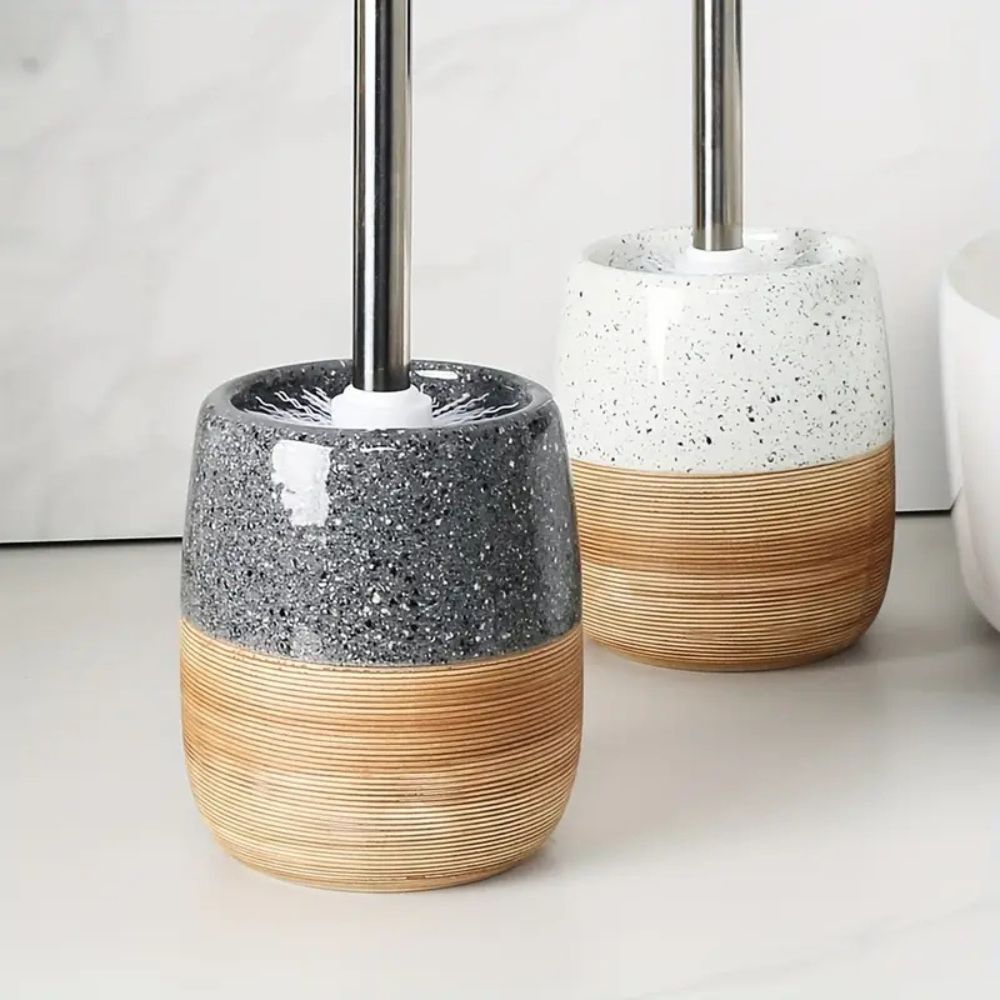 WC brush set with ceramic container in terrazzo look with wooden base and stainless steel handle, tilt-proof