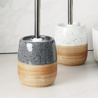 WC brush set with ceramic container in terrazzo look with wooden base and stainless steel handle, tilt-proof