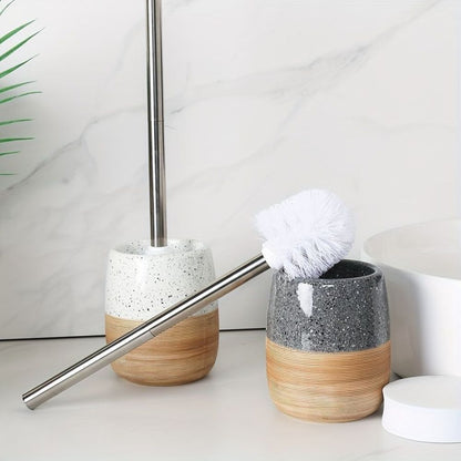 WC brush set with ceramic container in terrazzo look with wooden base and stainless steel handle, tilt-proof