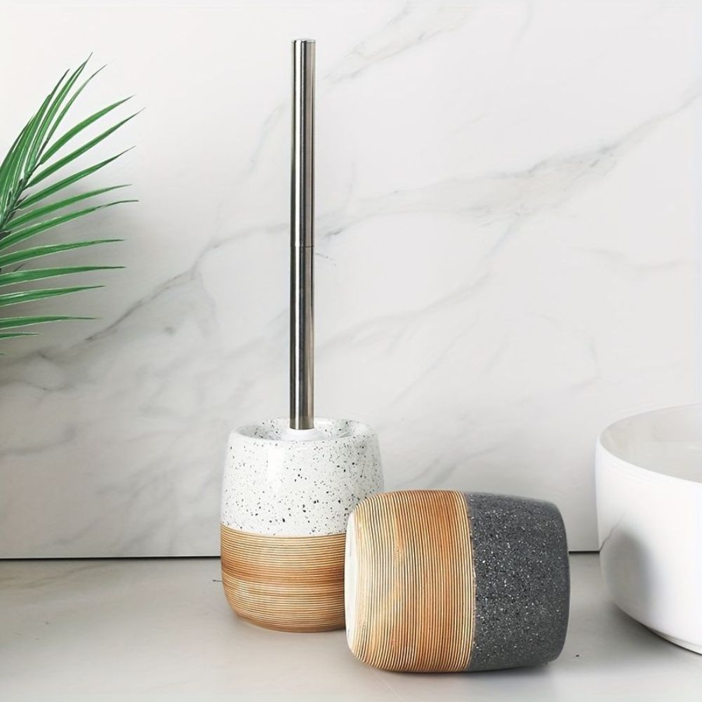 WC brush set with ceramic container in terrazzo look with wooden base and stainless steel handle, tilt-proof