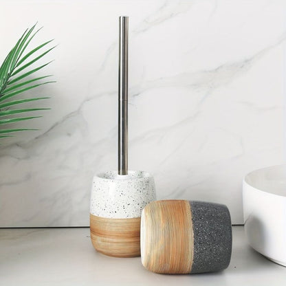 WC brush set with ceramic container in terrazzo look with wooden base and stainless steel handle, tilt-proof
