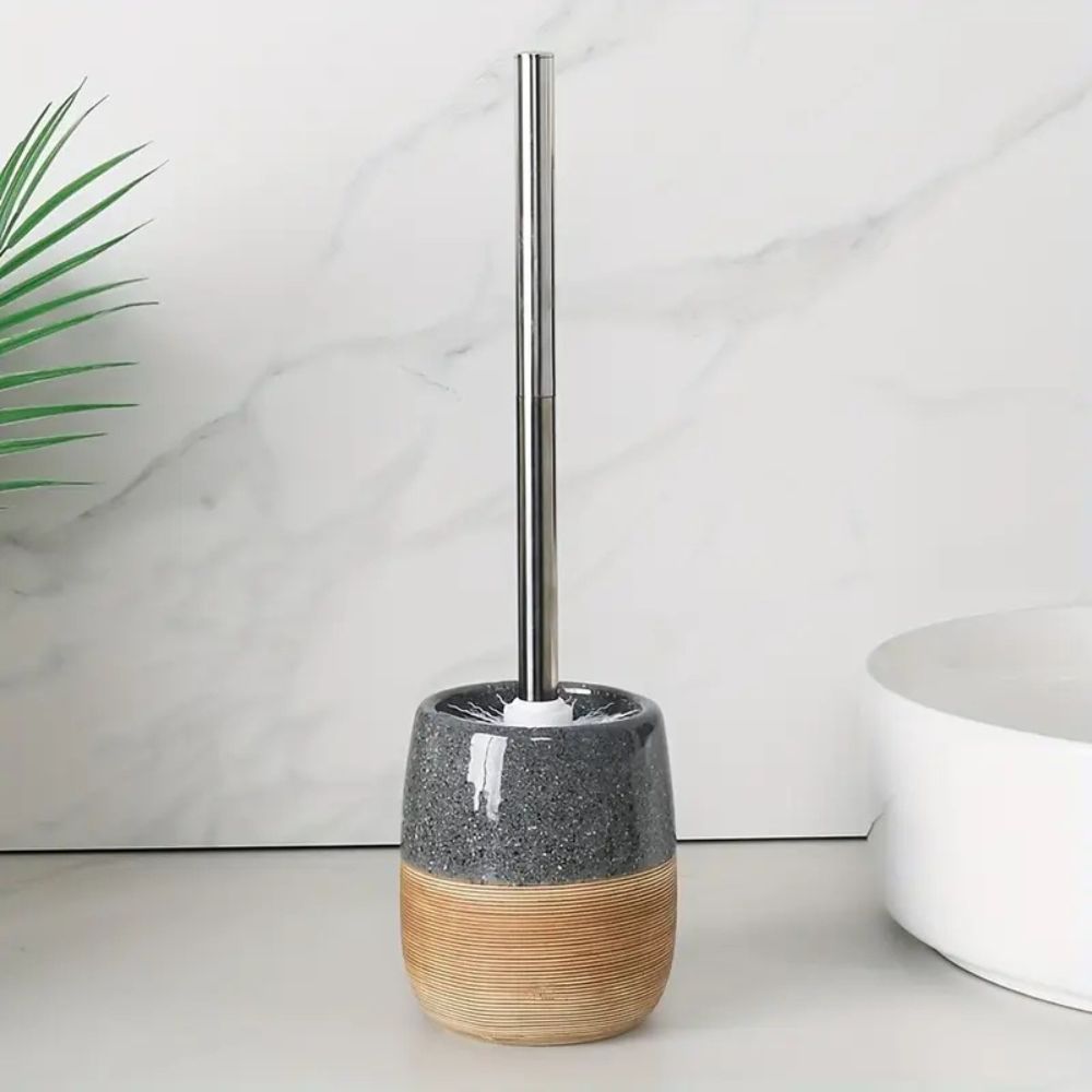 WC brush set with ceramic container in terrazzo look with wooden base and stainless steel handle, tilt-proof
