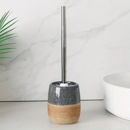 WC brush set with ceramic container in terrazzo look with wooden base and stainless steel handle, tilt-proof