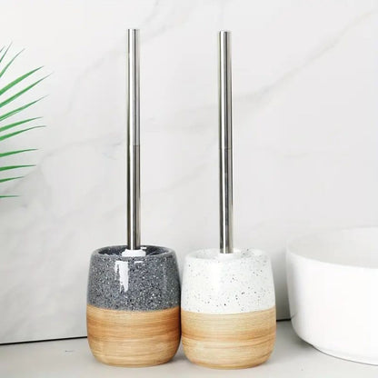 WC brush set with ceramic container in terrazzo look with wooden base and stainless steel handle, tilt-proof