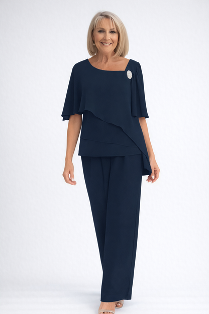 Women's Two-Piece Festive Set with Asymmetric Chiffon Top and Straight Pants Brooch Detail