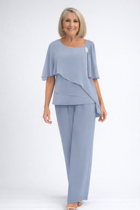 Women's Two-Piece Festive Set with Asymmetric Chiffon Top and Straight Pants Brooch Detail