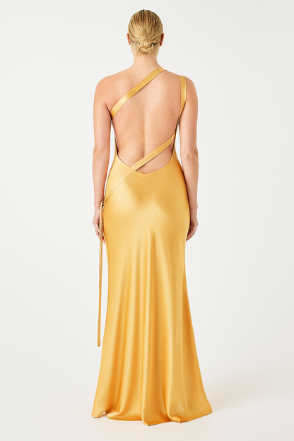 Abigail women's satin evening dress with open back and diagonal straps