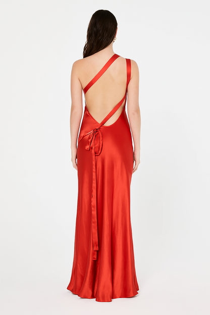 Abigail women's satin evening dress with open back and diagonal straps