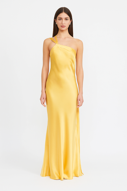 Abigail women's satin evening dress with open back and diagonal straps
