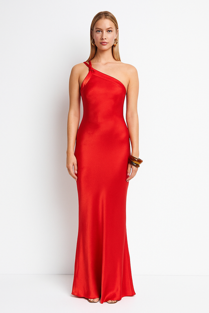 Abigail women's satin evening dress with open back and diagonal straps