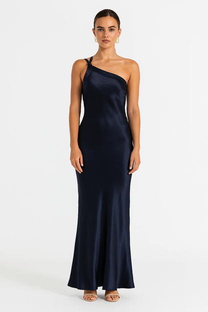 Abigail women's satin evening dress with open back and diagonal straps
