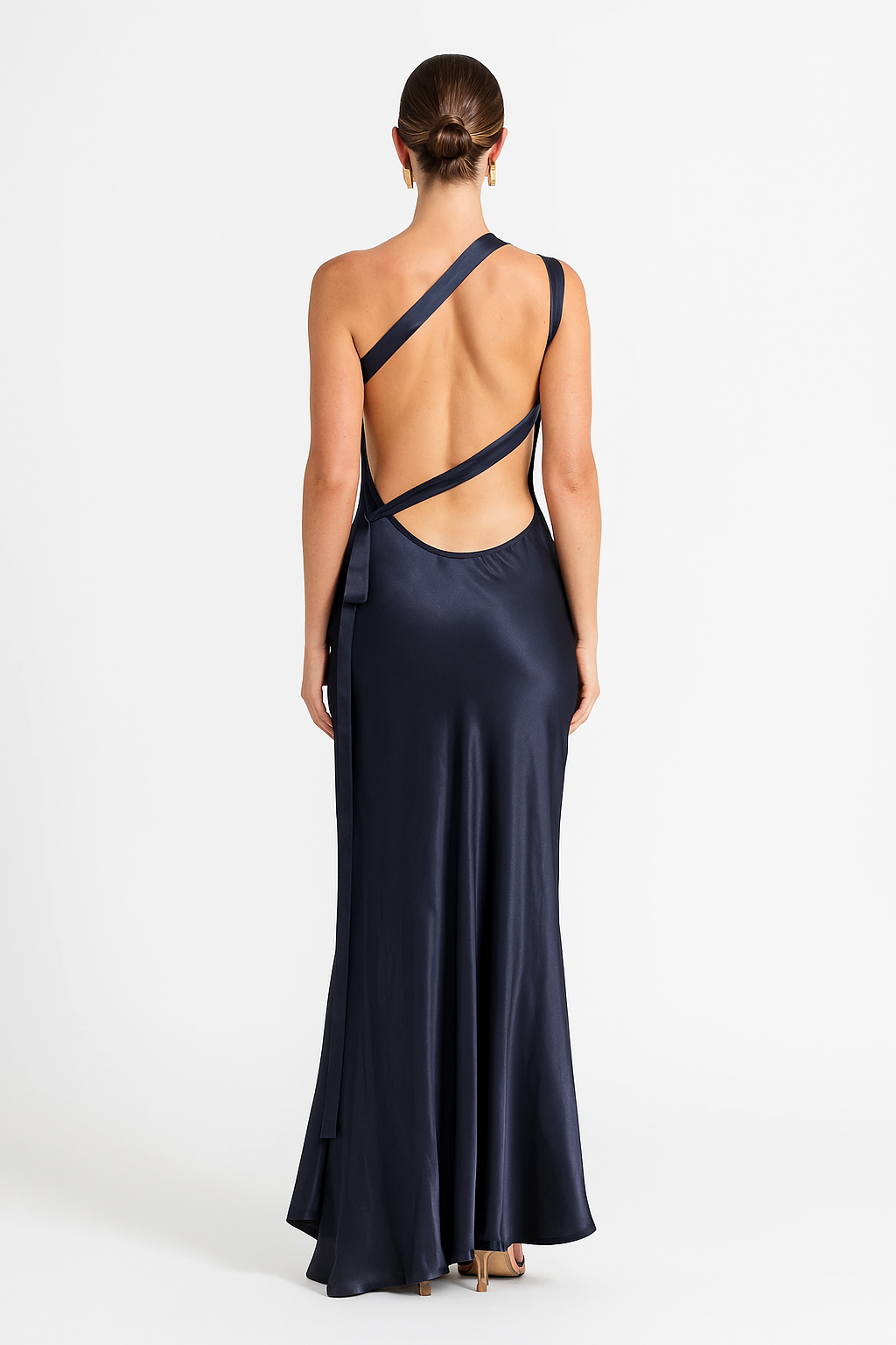 Abigail women's satin evening dress with open back and diagonal straps