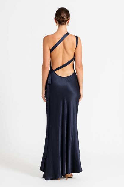 Abigail women's satin evening dress with open back and diagonal straps