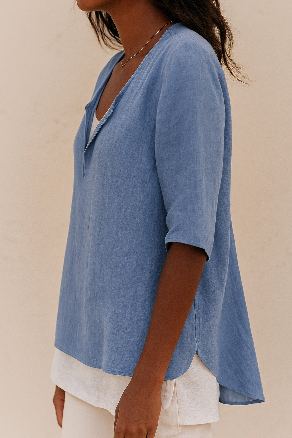 Women's Linen Blouse with Half-Length Sleeves Loose Fit Hip-Length Layered Look