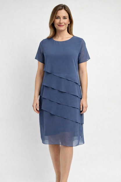 Women's Party Dress Multi-Layered Chiffon with Asymmetric Layers, Round Neckline, Short Sleeves, Knee-Length