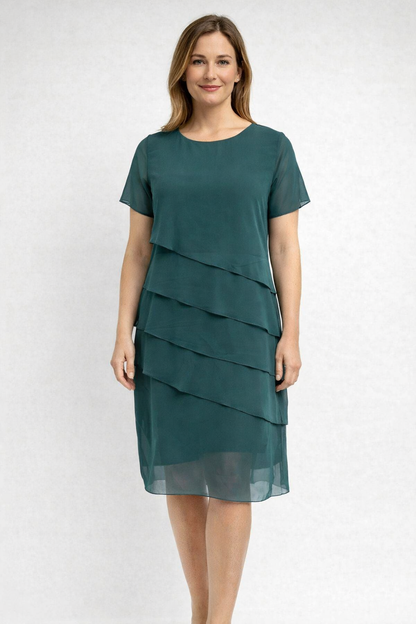 Women's Party Dress Multi-Layered Chiffon with Asymmetric Layers, Round Neckline, Short Sleeves, Knee-Length