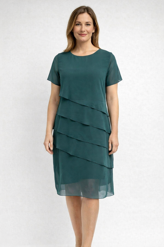 Women's Party Dress Multi-Layered Chiffon with Asymmetric Layers, Round Neckline, Short Sleeves, Knee-Length