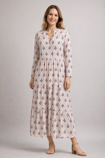 Women's Floor-Length Maxi Dress with Block Print, Tiered Skirt, V-Neck with Stand Collar and Long Sleeves